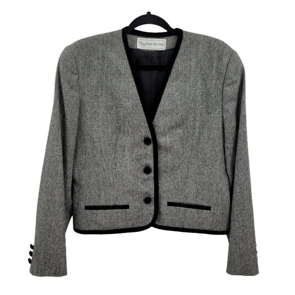 Vtg Evan Picone Blazer Wool‎ Micro Houndstooth Single 3 Button Velvet Trim 10